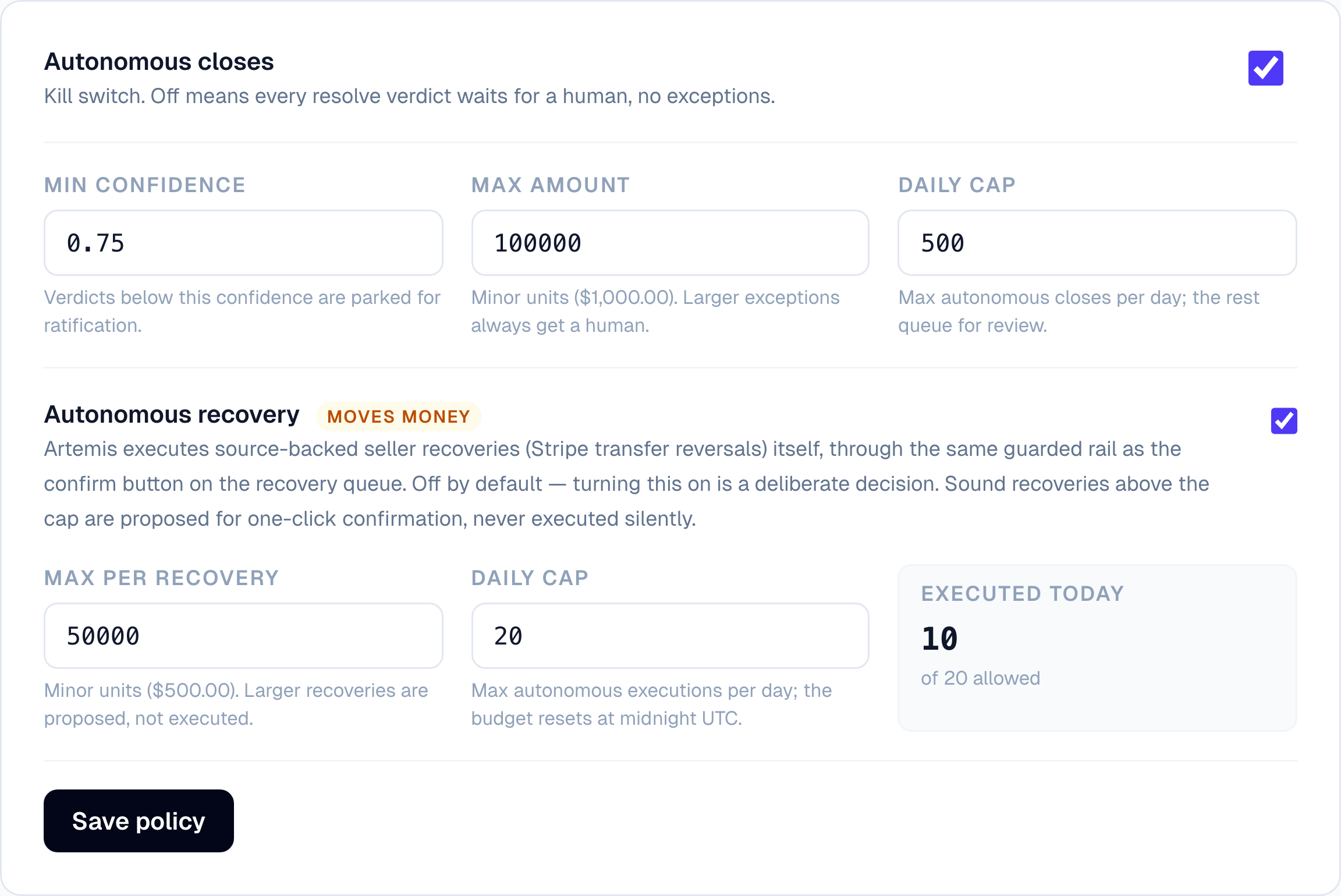 Clearline close policy: autonomous closes and money-moving recovery bounds with kill switch and executed-today counter